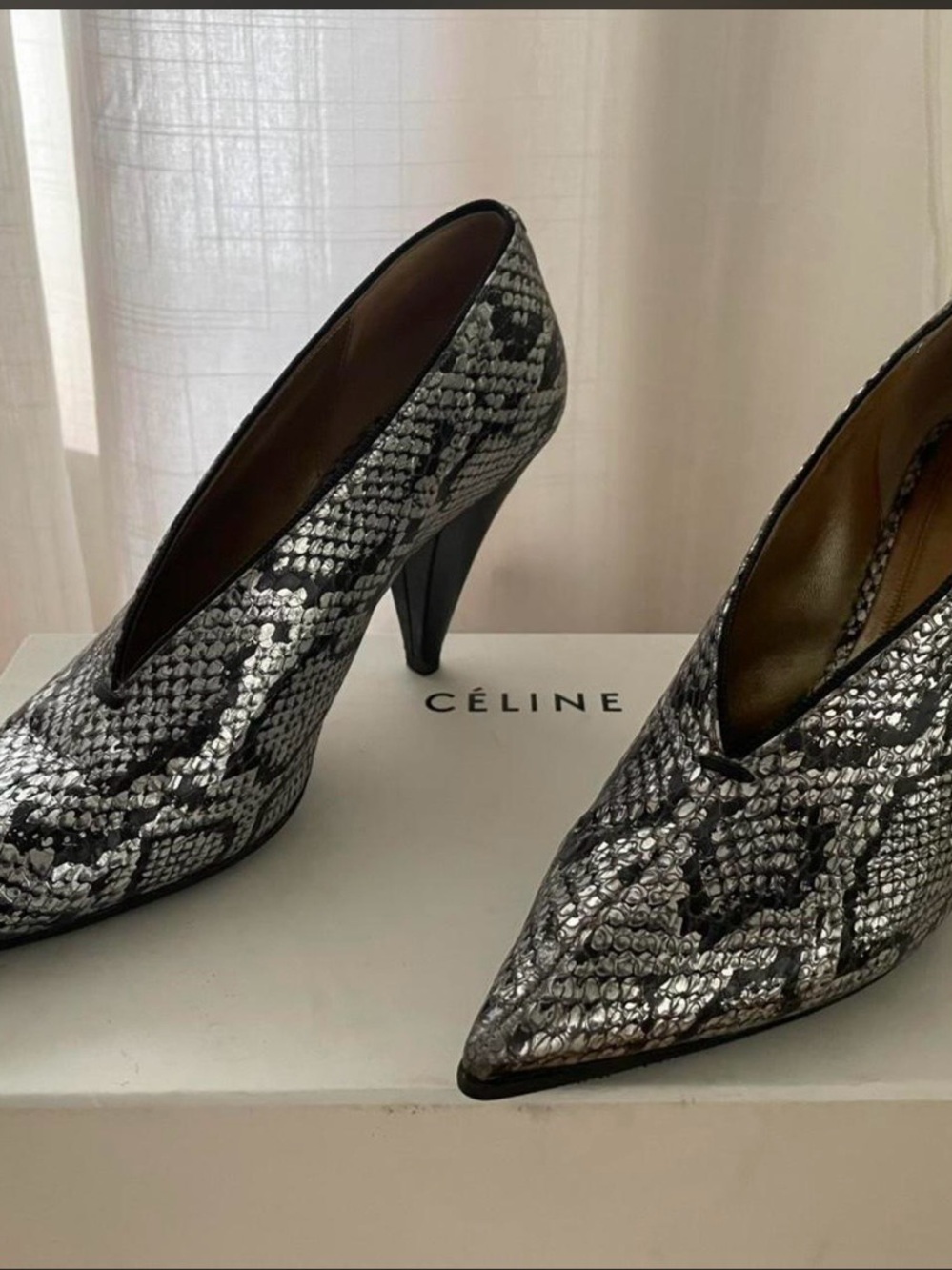 Celine Black & Silver Snakeskin Pointed-Toe Heels